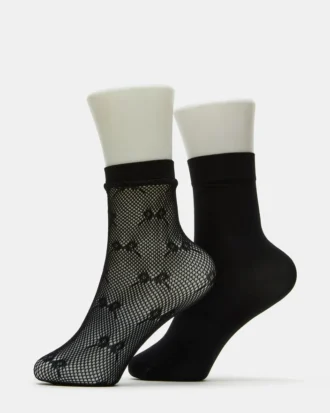 Pack de 2 pares de calcetines tobilleros de rejilla con lazo, negros Pack de 2 pares de calcetines tobilleros de rejilla con lazo, negros