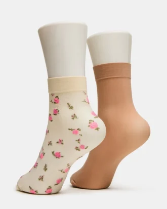 Pack de 2 pares de calcetines tobilleros transparentes con estampado floral, color vainilla Pack de 2 pares de calcetines tobilleros transparentes con estampado floral, color vainilla