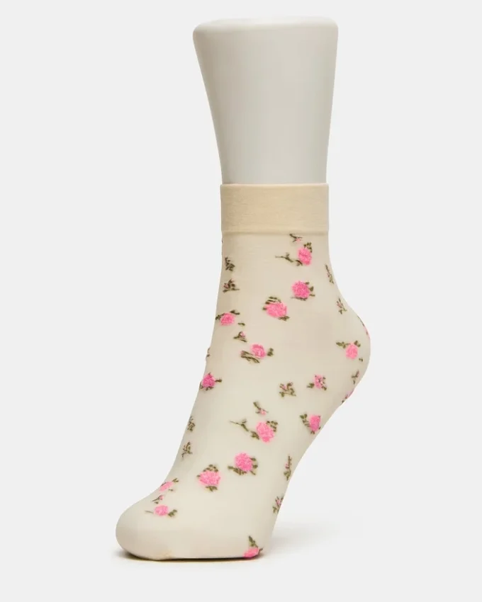 Pack de 2 pares de calcetines tobilleros transparentes con estampado floral, color vainilla