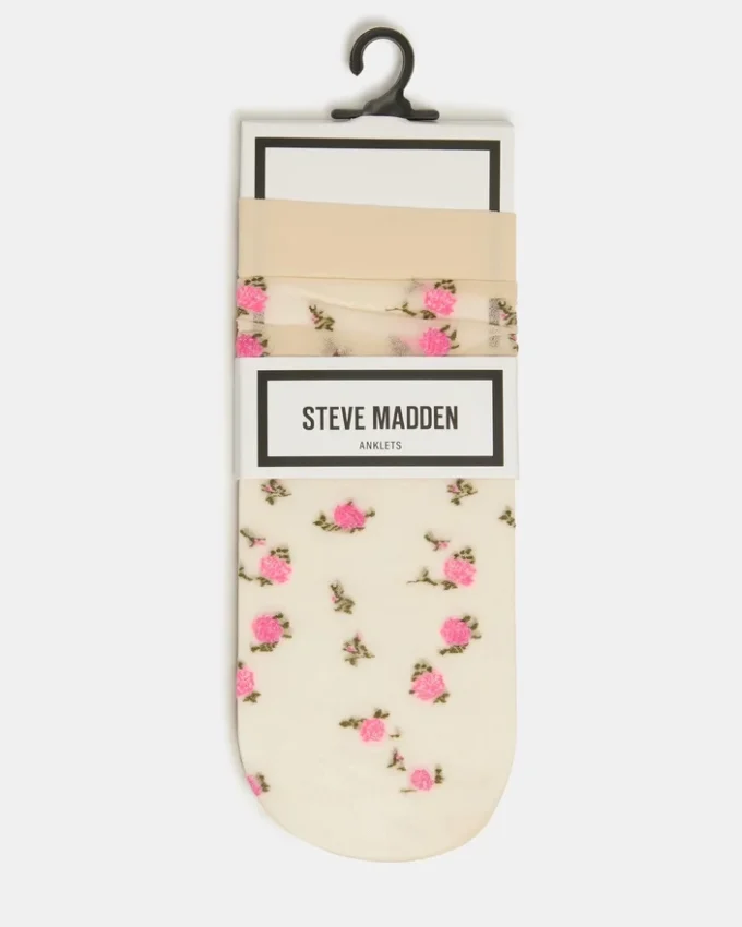 Pack de 2 pares de calcetines tobilleros transparentes con estampado floral, color vainilla