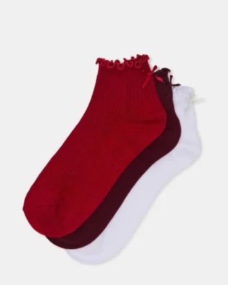 Pack de 3 pares de calcetines Melody con lazo y borde ondulado, rojo multicolor