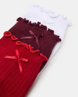 Pack de 3 pares de calcetines Melody con lazo y borde ondulado, rojo multicolor
