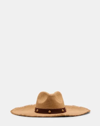 Sombrero de paja con tachuelas Boho Glam, color tostado