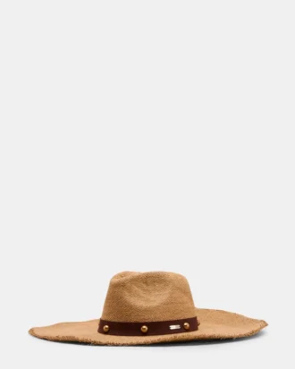 Sombrero de paja con tachuelas Boho Glam, color tostado